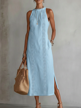 Jimena | Damen Midi-Kleid aus Leinen – Leinen Midikleid Sommer – Blau