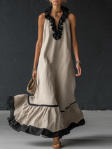 Natja - Rüschenkragen Leinen Maxikleid – Beige