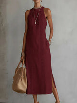Devindi - Midi Kleid Aus Leinen Mit Stehkragen – Burgund