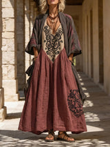 Entspanntes Bohemian Leinen-Baumwoll-Zweiteiler-Outfit – Wein