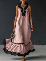 Natja - Rüschenkragen Leinen Maxikleid – Rosa
