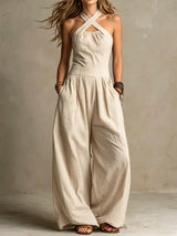 Karissa - Fließender Jumpsuit mit weitem Bein – Beige
