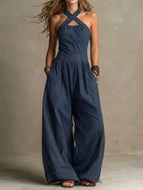 Karissa - Fließender Jumpsuit mit weitem Bein – Marineblau