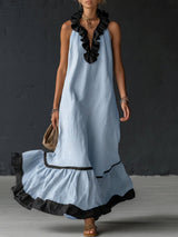 Natja - Rüschenkragen Leinen Maxikleid – Blau