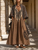 Entspanntes Bohemian Leinen-Baumwoll-Zweiteiler-Outfit – Khaki