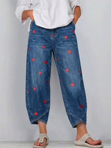 Damen Freizeit Denim Baumwollhose mit Herzdruck – Blau