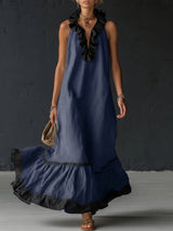 Natja - Rüschenkragen Leinen Maxikleid – Marineblau