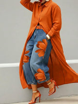 Daniella | Leinenkleid & Blumenmuster-Denim-Set – Orange