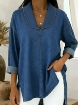 Gaetanaa – Retro Jeans Bluse Mit Schalkragen – Blau