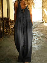 Entspannt geschnittene, gefaltete Denim-Jumpsuit mit Kordelzug – Schwarz
