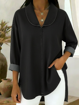 Gaetanaa – Retro Jeans Bluse Mit Schalkragen – Schwarz