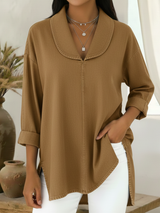 Gaetanaa – Retro Jeans Bluse Mit Schalkragen – Khaki