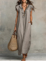 Uanavi - Langes Kleid Im Bohemian Stil Aus Leinen – Grau