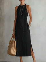 Jimena | Damen Midi-Kleid aus Leinen – Leinen Midikleid Sommer – Schwarz