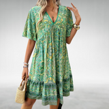 Ottilia | Damen Boho V-Ausschnitt Minikleid – Grün