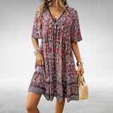 Ottilia | Damen Boho V-Ausschnitt Minikleid – Rot