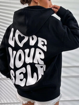 Oversized Hoodie Damen – Schwarzer Kapuzenpullover mit „Love Yourself“ Rückendruck – Schwarz