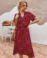 Georgia | Sanft gepunktetes Midi-Kleid mit Knopfdetails – Rot