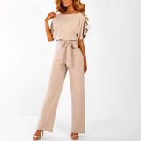 Solider langer Overall mit Bindeband in der Taille – Beige