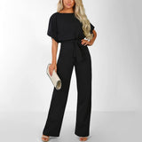 Solider langer Overall mit Bindeband in der Taille – Schwarz