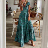 Boho Maxikleid mit kurzen Ärmeln – Blaugrün