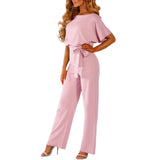 Solider langer Overall mit Bindeband in der Taille – Rosa