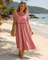 Elin | Besticktes Midikleid aus Baumwolle und Leinen – Rosa