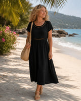 Elin | Besticktes Midikleid aus Baumwolle und Leinen – Schwarz