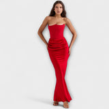 Maxi-Kleid aus Satin ohne Träger mit Drapierung – Rot