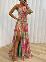 Philippa | Damen One-Shoulder Blüten Maxikleid mit Schlitz – Grün