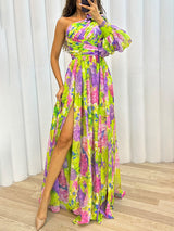Philippa | Damen One-Shoulder Blüten Maxikleid mit Schlitz – Gelb