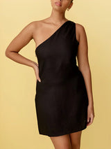 Geneva – One-Shoulder-Minikleid aus Leinen – Schwarz