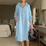 Lissabon™ Kleid aus Baumwoll-Leinen mit tailliertem Kragen / Das Couture-Kleidungsstück für die moderne Frau! – Himmelblau