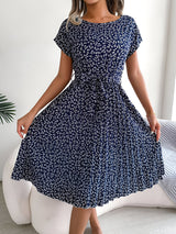Caitlin | Plissee Blumenmuster Kleid – Marineblau