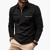 Herren-Polo mit langen Ärmeln im klassischen Stil mit Brusttasche, ideal für Arbeit und Freizeit – Schwarz