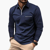 Herren-Polo mit langen Ärmeln im klassischen Stil mit Brusttasche, ideal für Arbeit und Freizeit – Marineblau