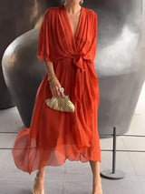 Claire | Midi-Kleid mit Taillengürtel – Orange