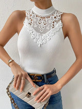 Top Damen - Ärmellos mit Hohem Kragen und Spitze | Elegant – Weiß