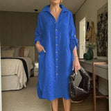 Lissabon™ Kleid aus Baumwoll-Leinen mit tailliertem Kragen / Das Couture-Kleidungsstück für die moderne Frau! – Blau