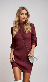 Julia - Warmes Rollkragen-Strickkleid für Damen – Rotwein