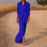 Damen-Maxikleid aus Chiffon mit Wickeloptik und langen Ärmeln – Blau
