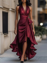 Raphaela | Damen Neckholder Wickel Abendkleid – Bordeauxrot
