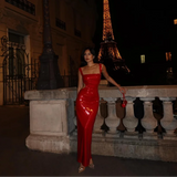 Maxi-Kleid für Damen mit Pailletten und quadratischem Ausschnitt - Zirena – Rot