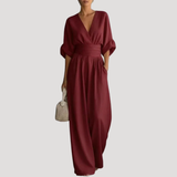 Reena | Damen Jumpsuit Weites Bein V-Ausschnitt Overall – Weinrot