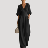 Reena | Damen Jumpsuit Weites Bein V-Ausschnitt Overall – Schwarz