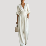 Reena | Damen Jumpsuit Weites Bein V-Ausschnitt Overall – Weiß
