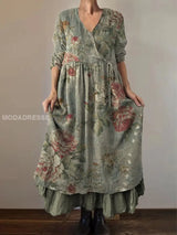 Vintage Chic V-Ausschnitt Midi Kleid mit Retro Blumen Druck und Knopf-Down-Details – A