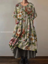 Retro Boho Blumenmuster Vintage Rundhals Kurzarm Midi Kleid – BLUMENMUSTER