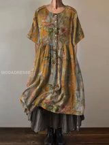 Vintage Rundhals Midi Kleid mit Retro Boho Blumenmuster und Kurzarm – A