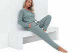 Rippenstrukturiertes zweiteiliges Set mit Langarmoberteil und Hose – Blau